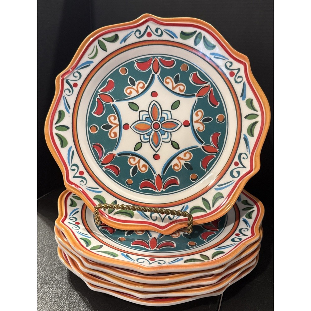 Gibson Colorful Floral Abstract Melamine Scalloped Salad Plates Set Of 6‎ Boho